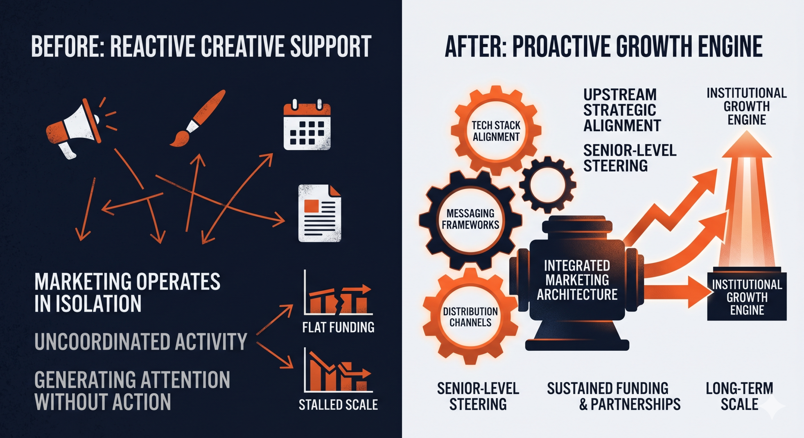Before and after nonprofit marketing system showing reactive creative support becoming a proactive growth engine through messaging, tech alignment, and integrated marketing strategy.