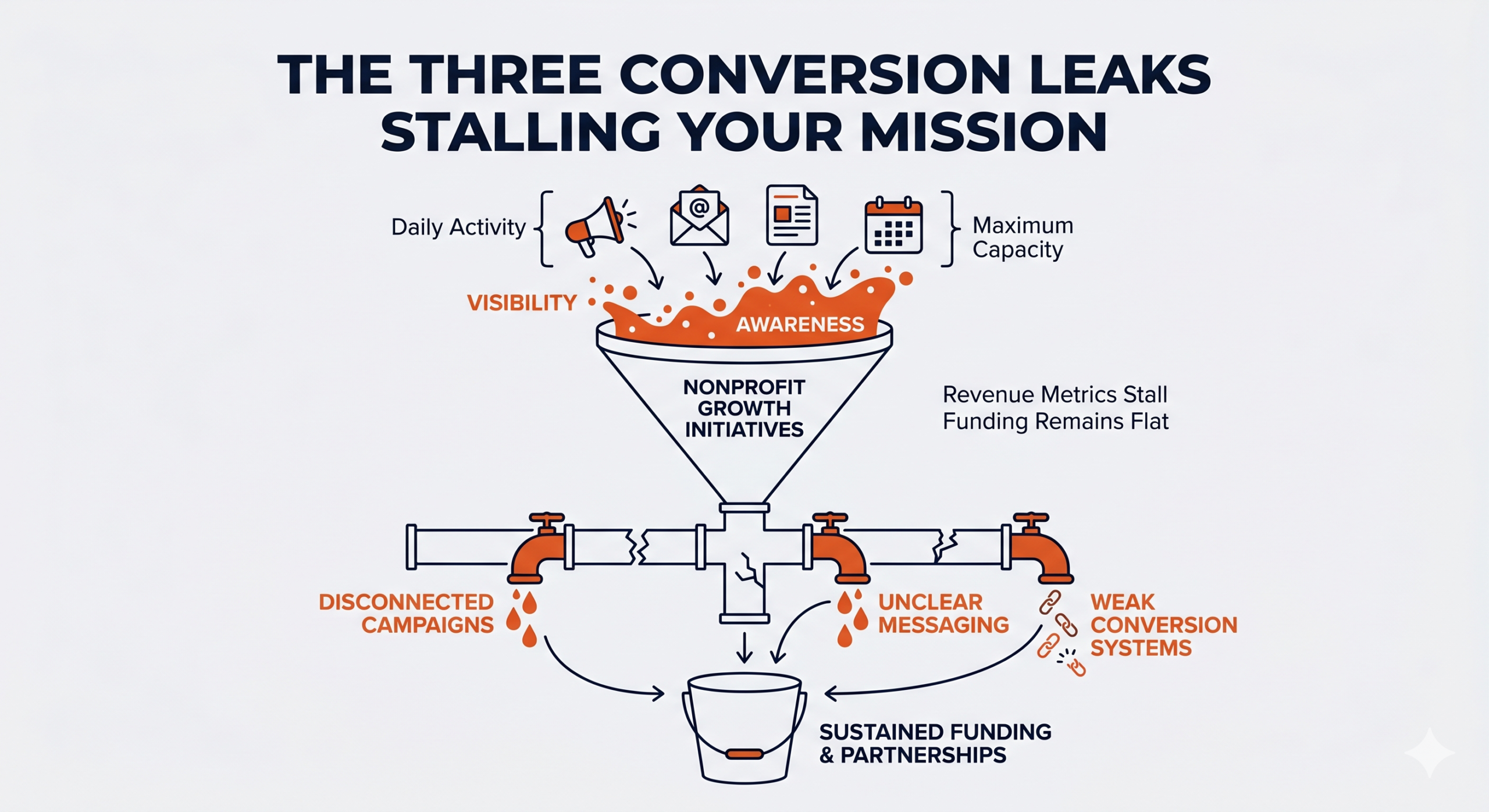 Diagram showing three nonprofit marketing conversion leaks: disconnected campaigns, unclear messaging, and weak conversion systems limiting sustained funding and partnerships.